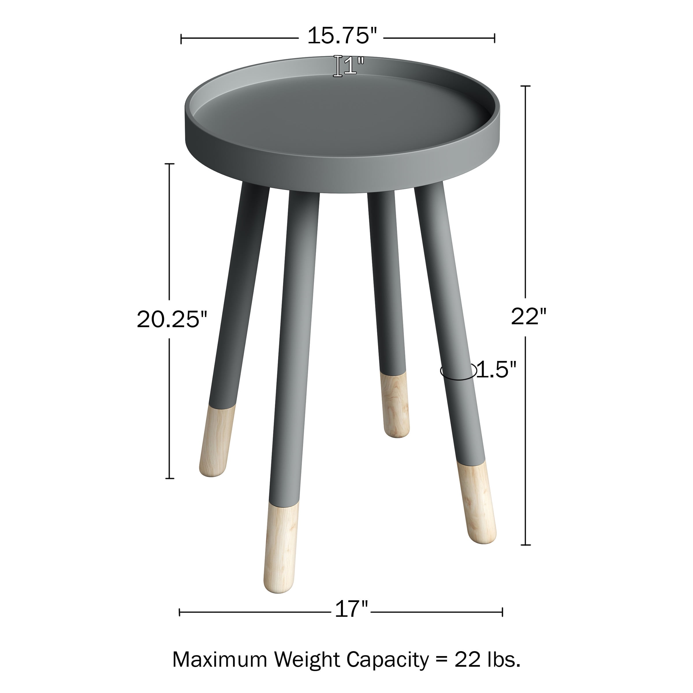 Lavish Home Mid-Century Modern Round End Side Table with Tray Top – Living Room, Bedside & Decor, Gray