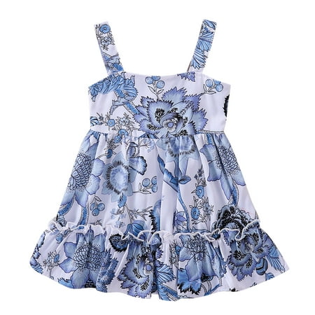 

CLZOUD Cute Dresses for Kids Blue Kids Girls Toddler Beach Floral Flower Prints Sleeveless Princess Girls Dress Cloths 92