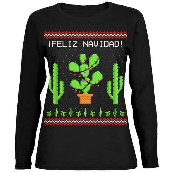 Old Glory Womens Cactus Desert Feliz Navidad Ugly Christmas Sweater Long Sleeve T Shirt
