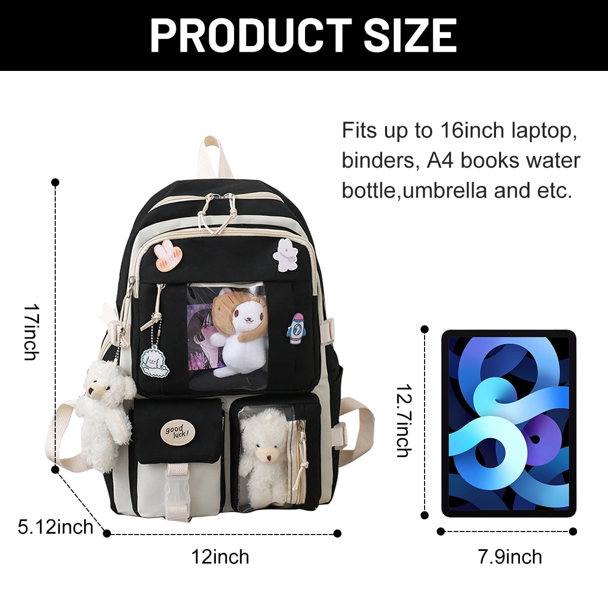 Sanmadrola 5PCS School Backpacks Cute Plush Bear Backpack Set with Pendants and Pins Accessories Kawaii Laptop Bag School Bags, Black