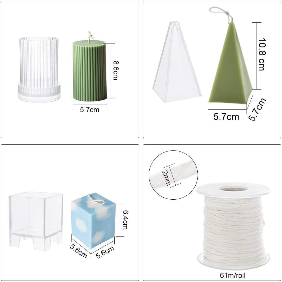 3PCS Plastic Candle Molds with Candle Wick Pyramid Mold Column Mold and Cube Molds - Candles Mould Set for Candles Craft Making Clear DIY