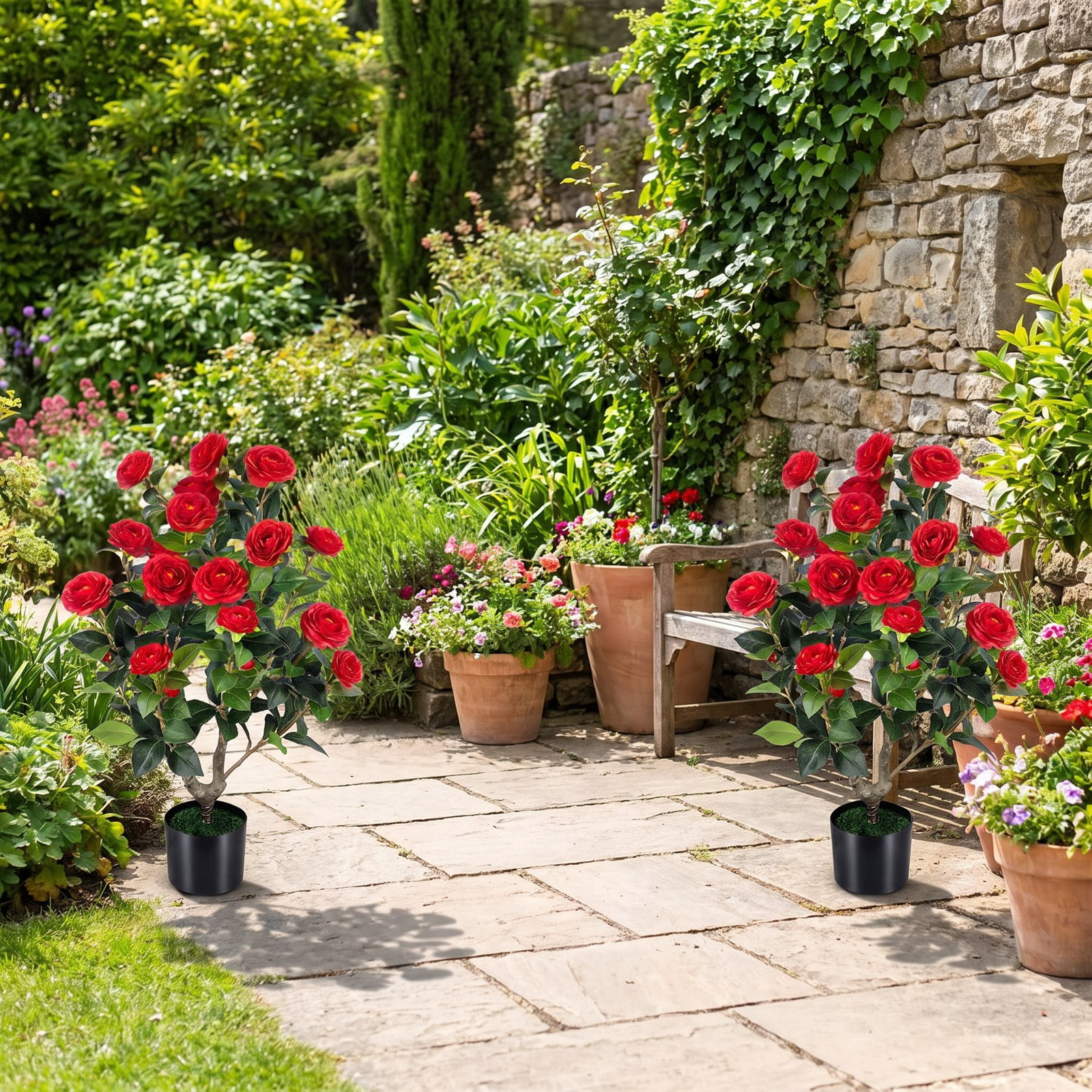 Vebreda Artificial Plant Decor, Artificial Camellia Tree Faux Flower Plant in Cement-Filled Pot, Lifelike & Elegant Design, Selected PE Materials