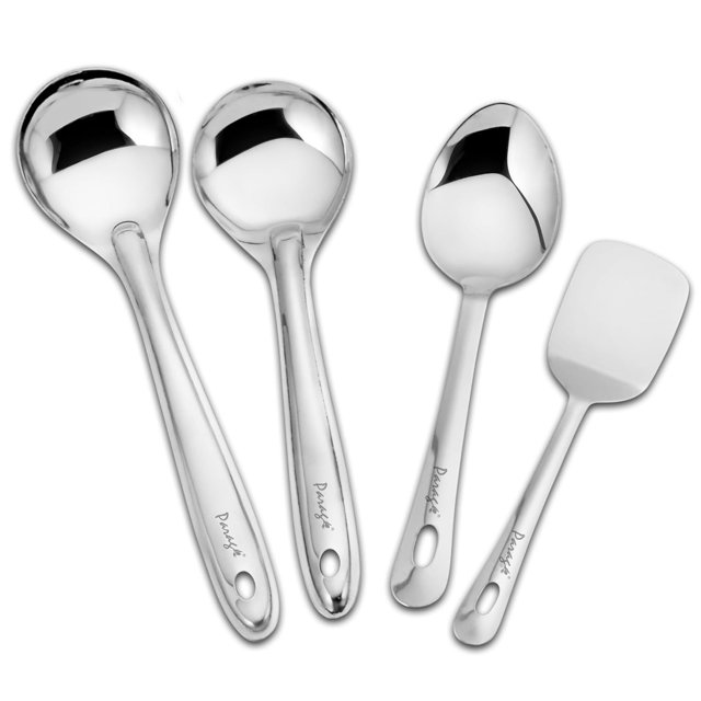 Stainless Steel Kitchen Tools Set Of 4 - Silver | 1 Basting Spoon+ 2 Serving Spoons+ 1 Turner For Kitchen Cooking & Serving - Rust Free, Dishwasher Safe, Easy To Clean