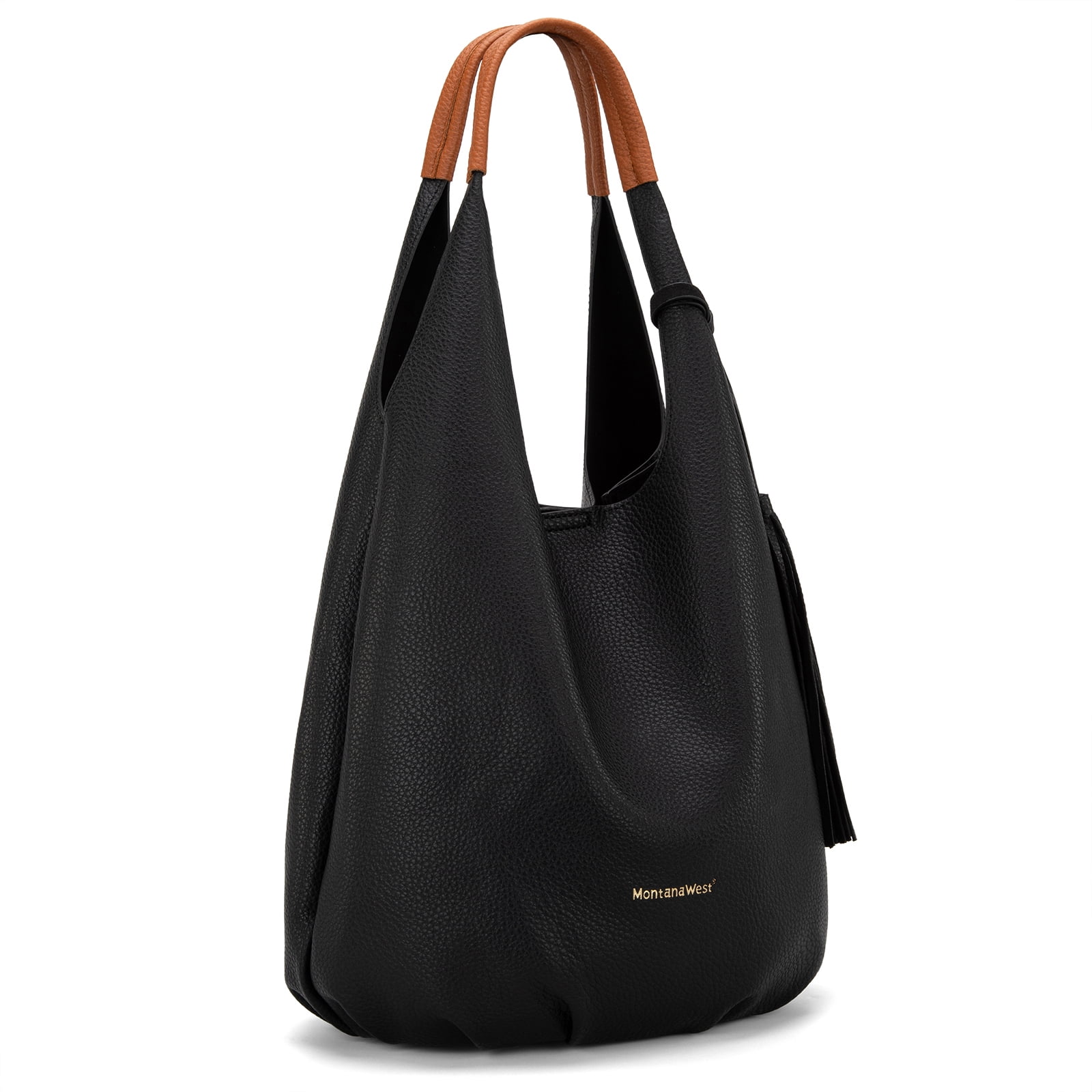 Montana West Slouchy Hobo Bags for Women 2PCS Tassels Handbags Shoulder Bag Set with Comestic Bag, Black