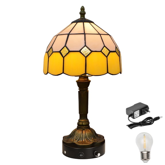 Kiven Cordless Table Lamp, Dimmable Bedside Lamps for Nightstand with Yellow Glass Lampshade, Tiffany-Style Rechargeable Desk Lamp for Reading Home Decor Bedside,1-Light