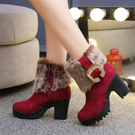 

Womens Essentials Hvyes Snow Boots Side Zipper And Velvet Warm Women s Boots Round Toe Thick Heel Belt Buckle Short Boots Women