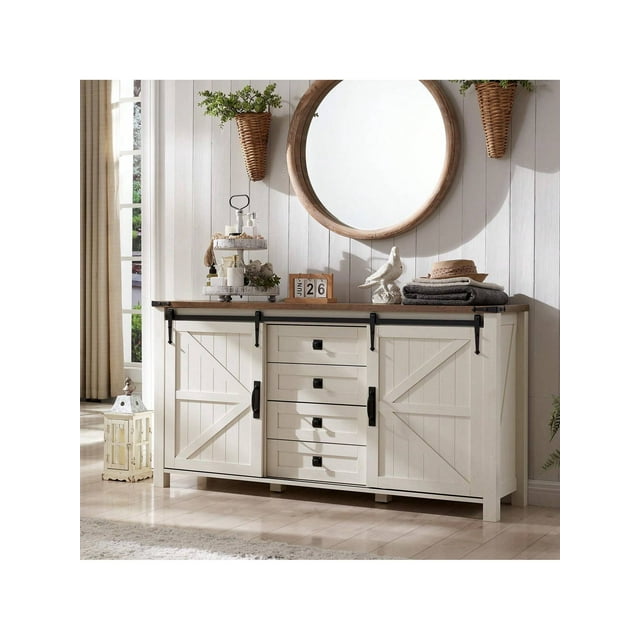 Gabinete Multiusos Blanco 152x40x78 cm con Puertas Corredizas y Cajones – Ideal para Cocina, Comedor, Sala, Bar o Entrada