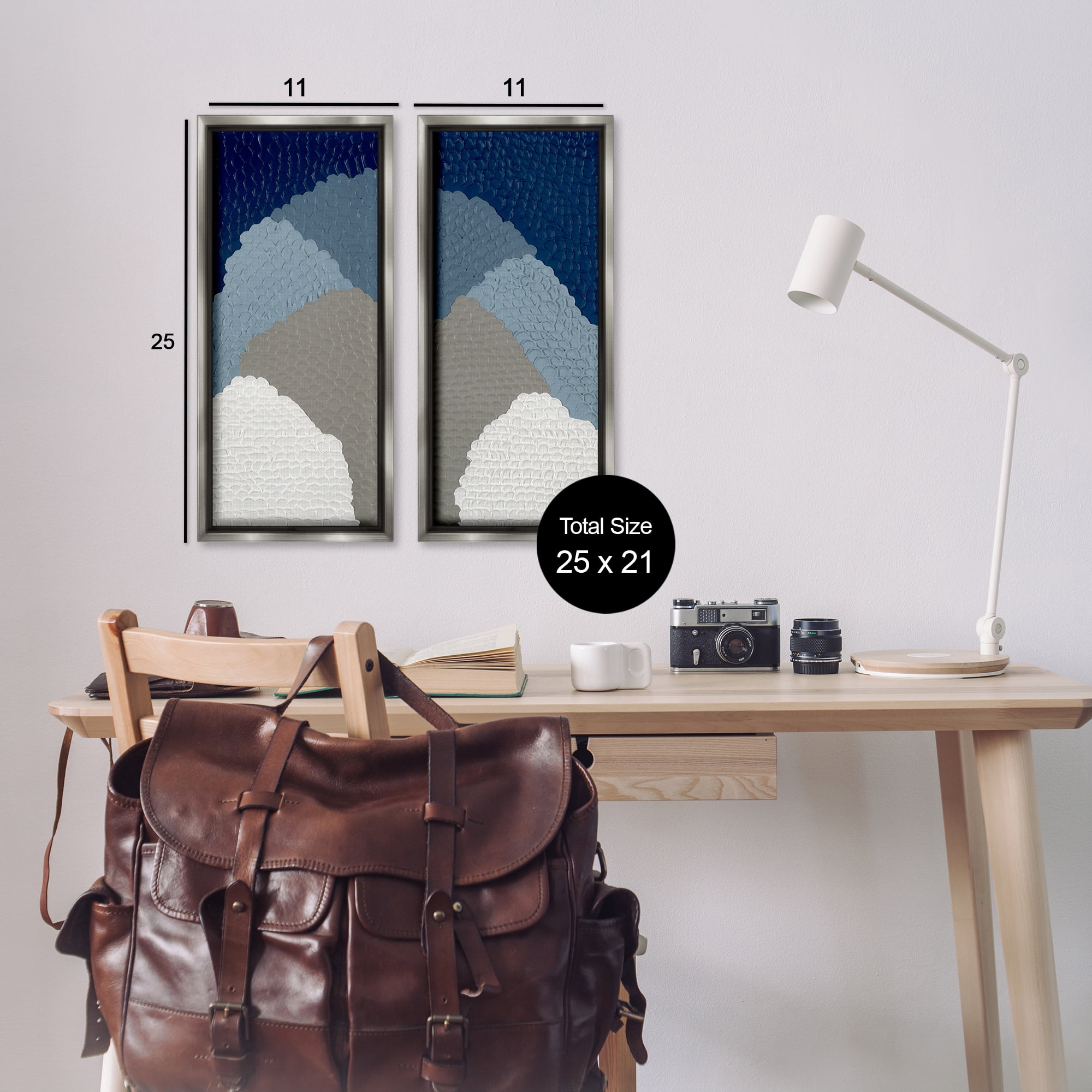 Stupell Industries Textured Blue Abstract Mountains Abstract Painting Gray Floater Framed Canvas Art Print Wall Art, 11 x 25, Set of 2