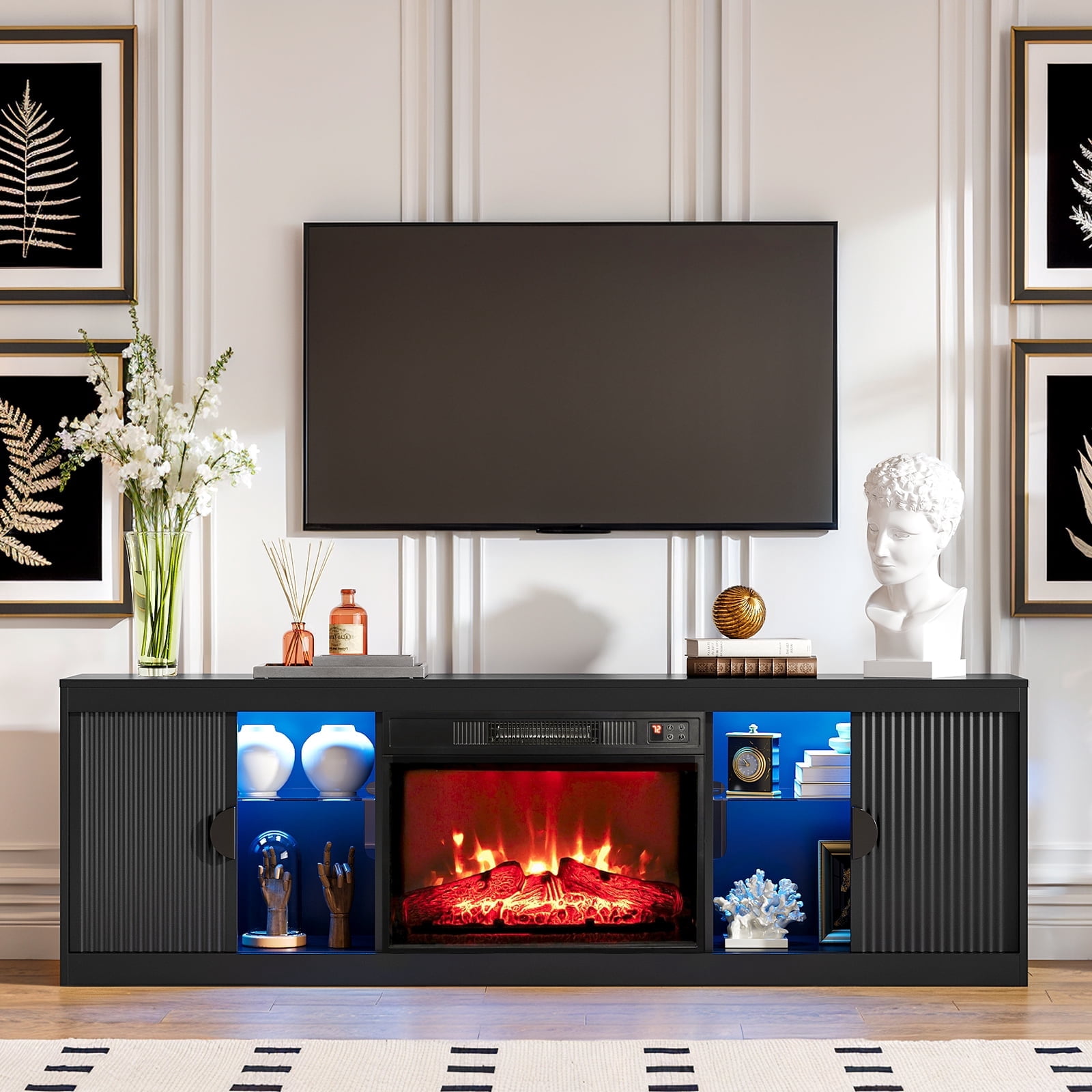 Holliwill 70" Fireplace TV Stand for TVs up to 80" with LED Lights, Fluted Modern Entertainment Center with 23" Electric Heater TV Console with Sliding Door for Living Room, Black