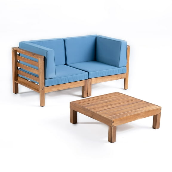GDF Studio Cascada Outdoor Acacia Wood Loveseat and Table Set with Cushions, Teak and Blue