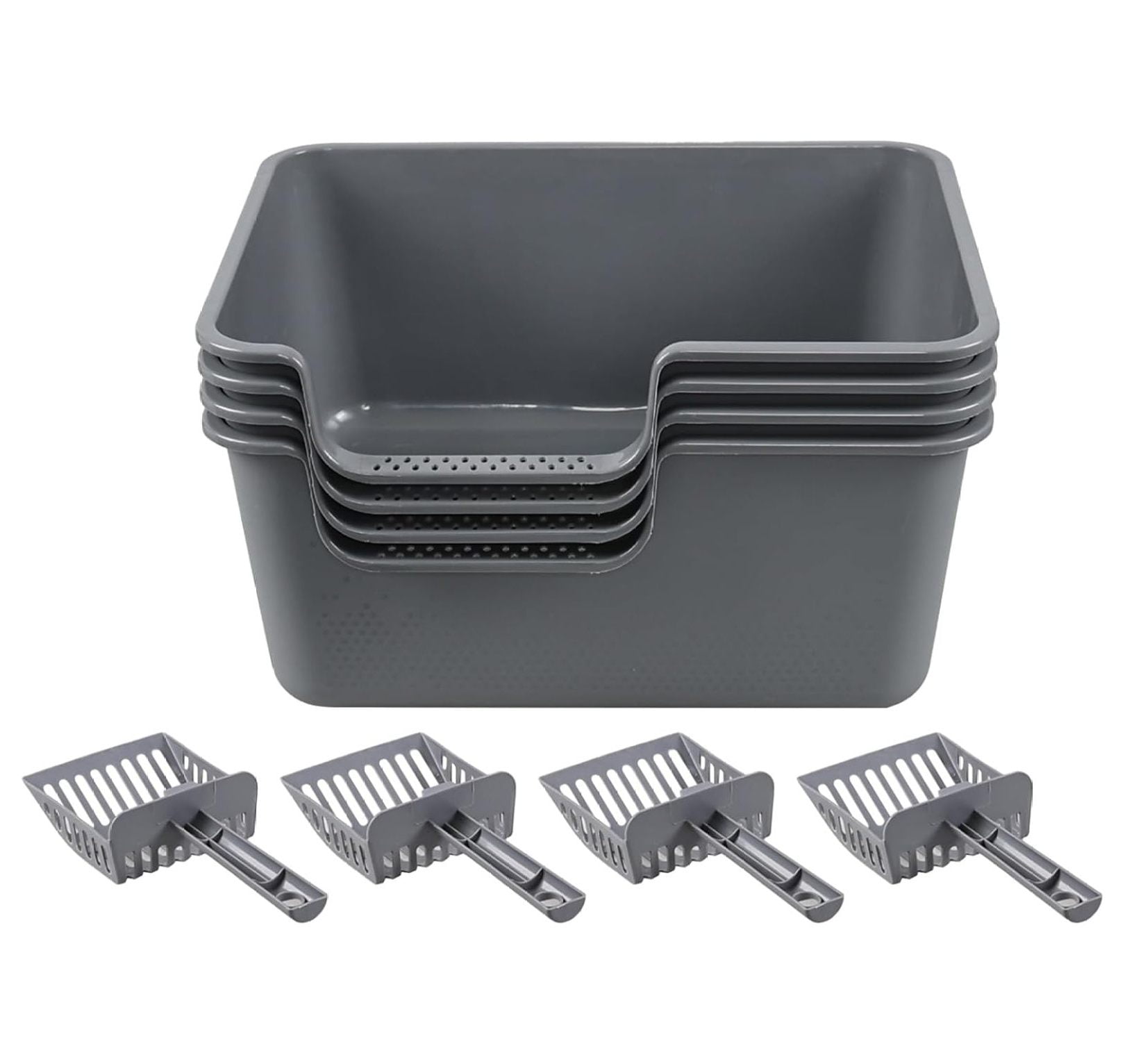 4-Pack Anti-Splashing Kitty Litter Box with , Plastic Open High Sided Cat Litter Box, Gray
