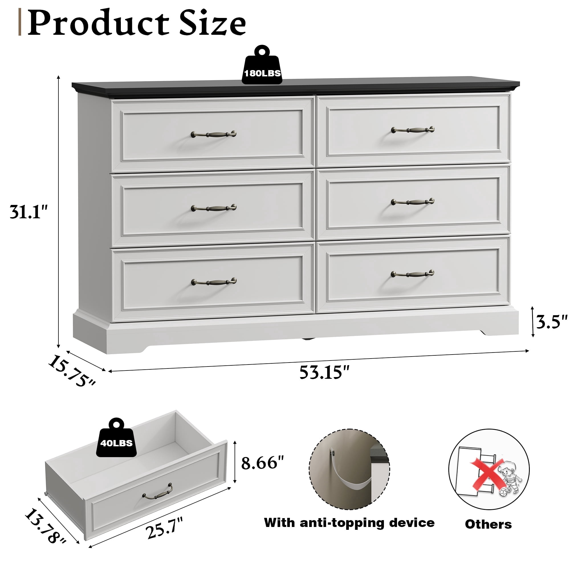 FANRAL 6 Drawers Dresser for Bedroom,Wood Rustic Storage Cabinet Chest of Drawers,Farmhouse Large Drawers with Metal Handles,White Dresser(Plus)