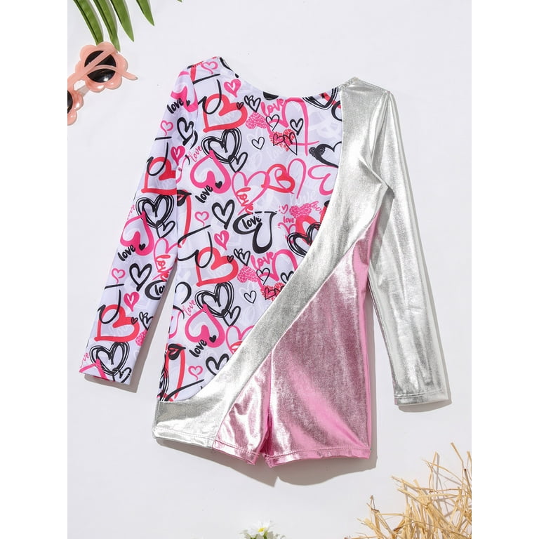 inhzoy Kids Girls Metallic Printed Splice One Piece Biketard Gymnastics  Leotard Pink 14