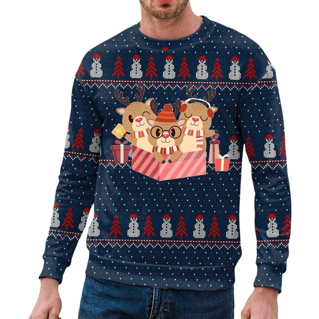OJinShaWanO Chandail à Capuche à Fermeture à Glissière pour Hommes Automne et Hiver Décontracté Imprimé de Noël Chandail Col Rond