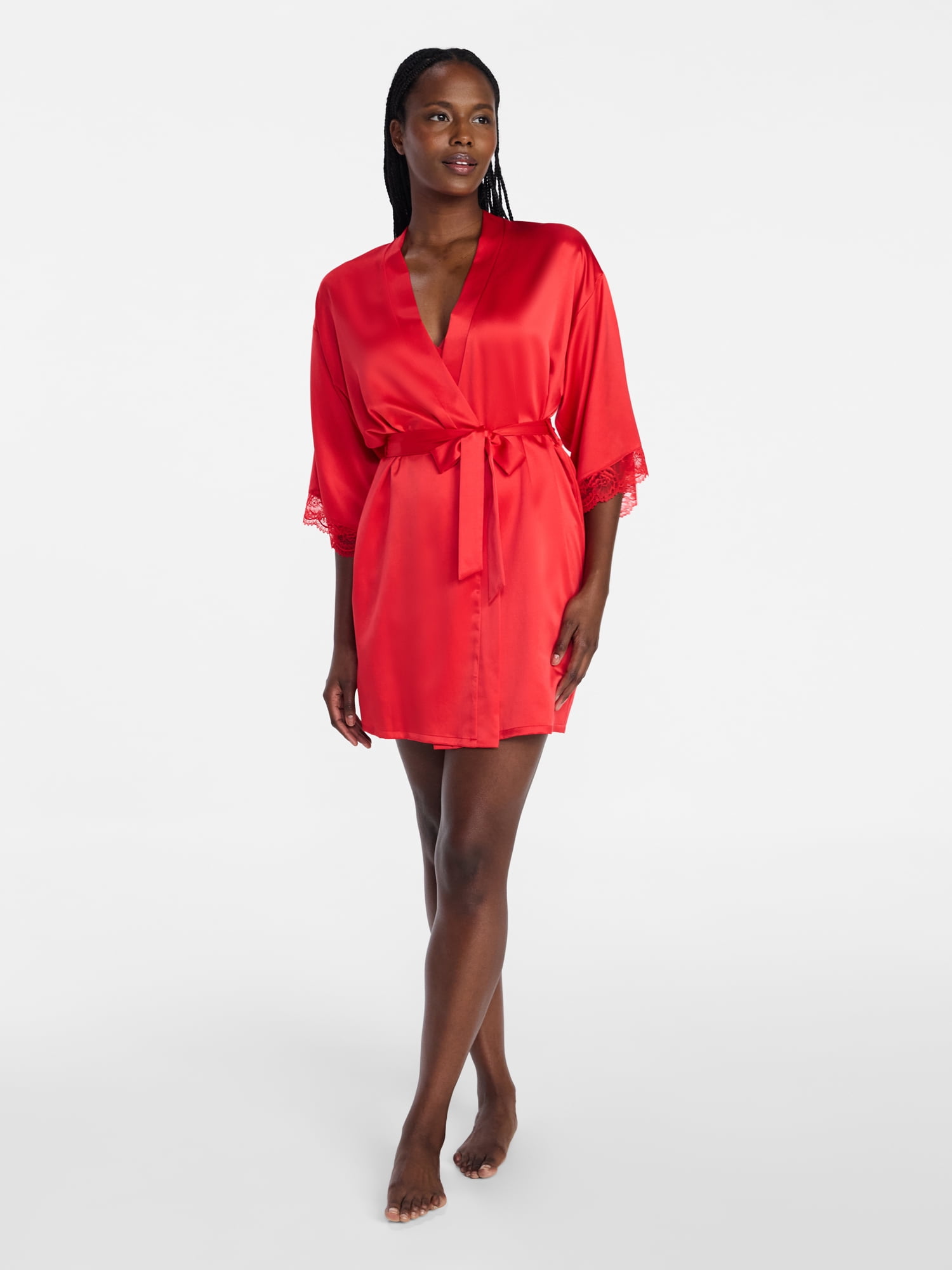 Joyspun Women’s Lace Trim Satin Valentine's Day Robe, Sizes S-3X