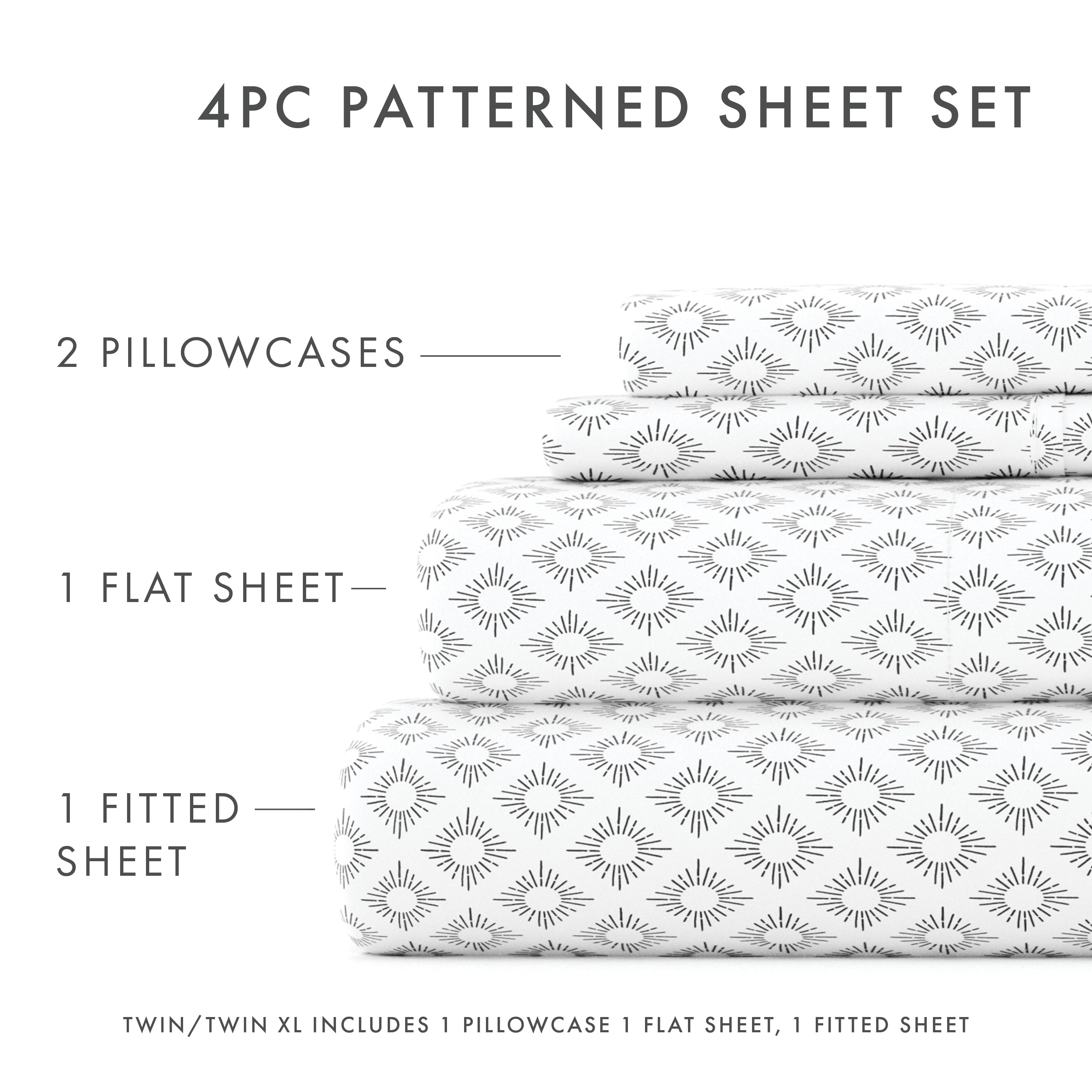 Noble Linens 4 Piece Pattern Microfiber Bed Sheets Set, Gray Polaris, Twin