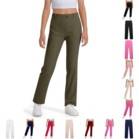 CUZIBR Girls Pants Solid Color Elastic High Waist Straight Leg Dress Pants Soft Loose Trousers For School With Pockets Casual Travel Dailywear,Army Green-C,9-10 Years