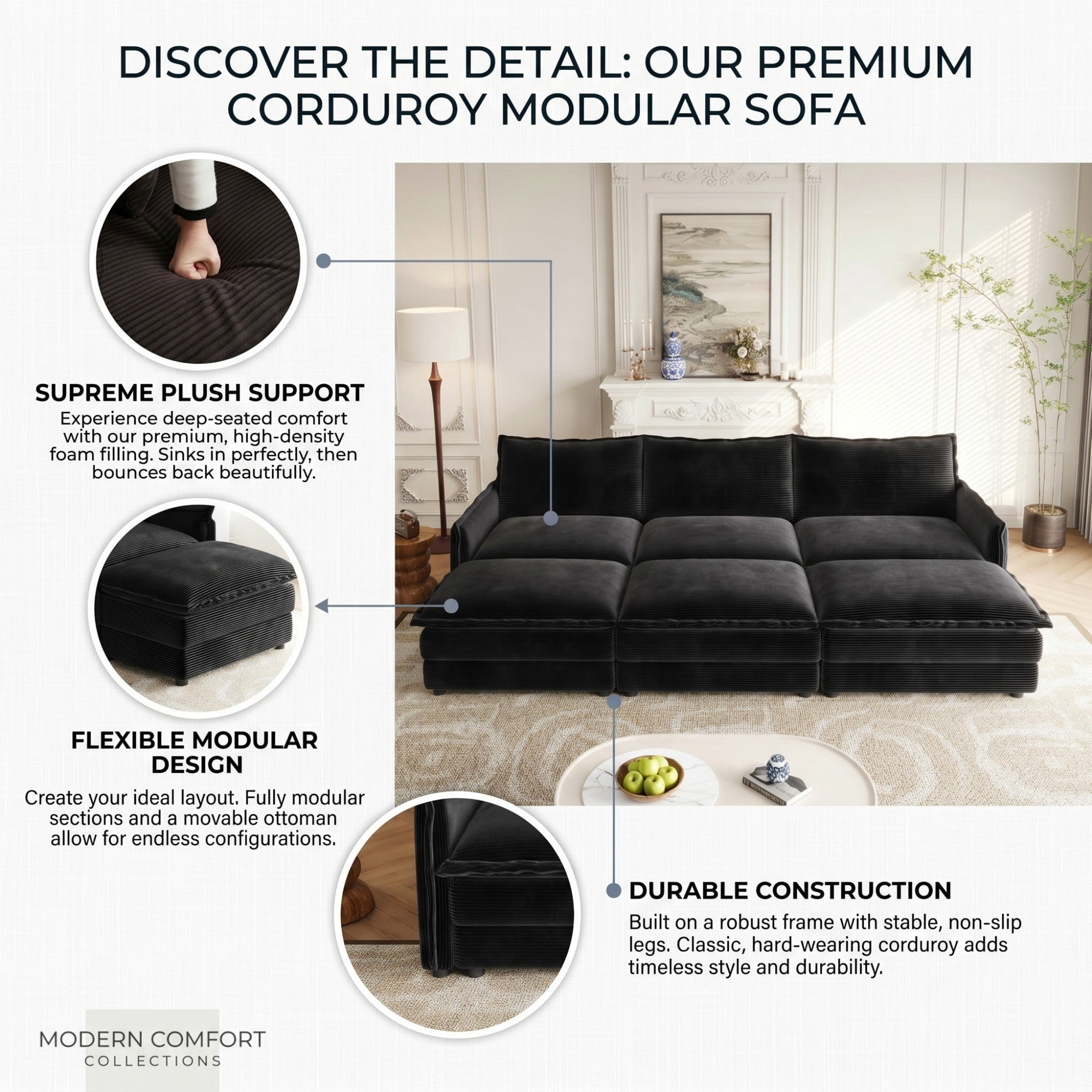 Sailvan 3-Seater Corduroy Sofa with 3 Ottomans, Oversized Deep Seat Cloud Couch for Living Room Black