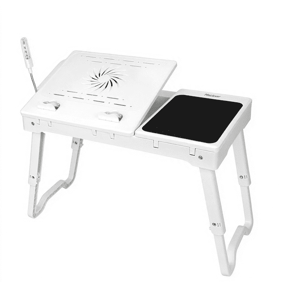 Asteroutdoor Foldable Laptop Table with Cooling Fan, LED Light, 4 USB Ports, Mouse Pad, White