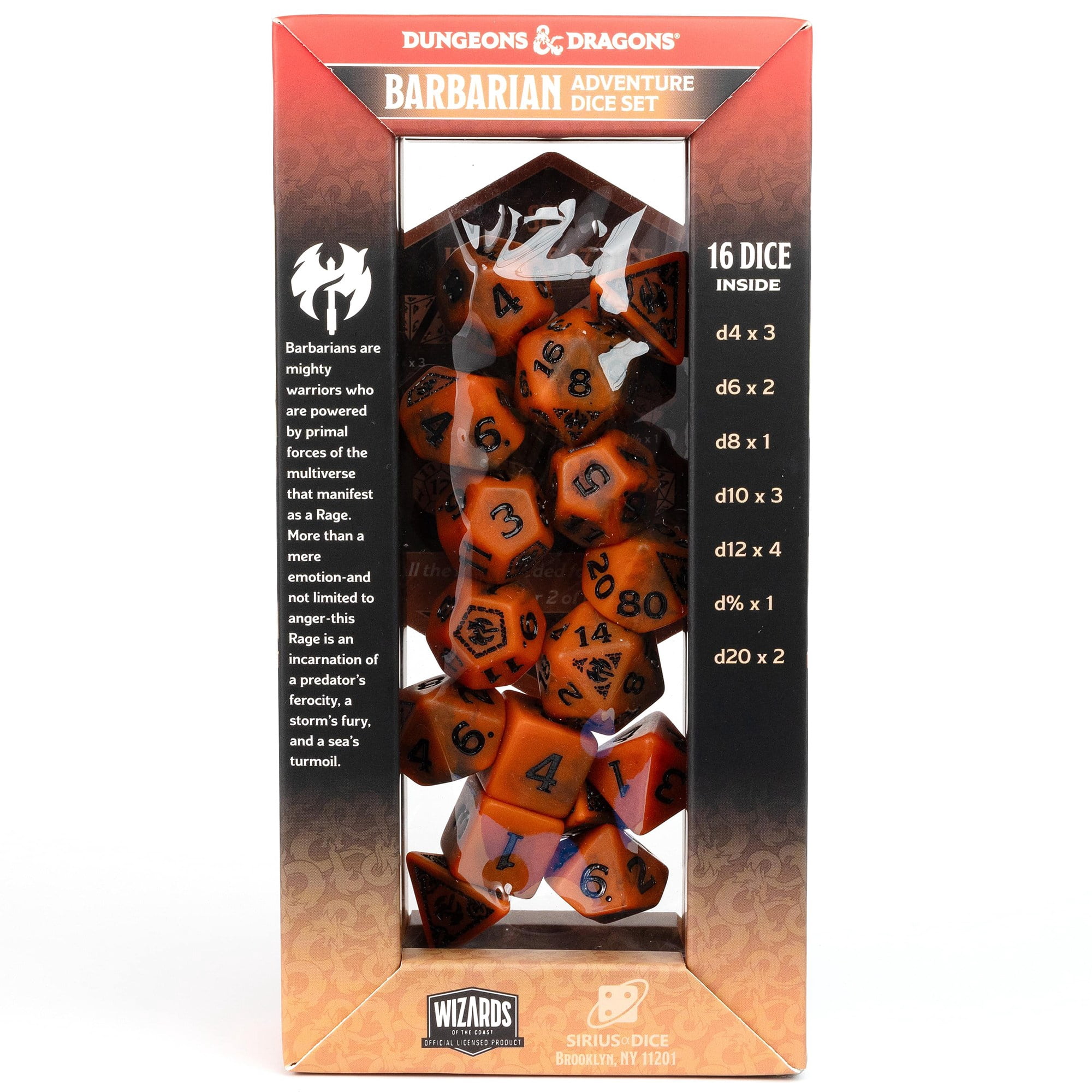 Dungeons & Dragons: D&D Adventure Dice: Barbarian - Orange - 15pc RPG Set, Class Symbols, Roleplaying Game Accessory, Sirius Dice, Officially Licensed