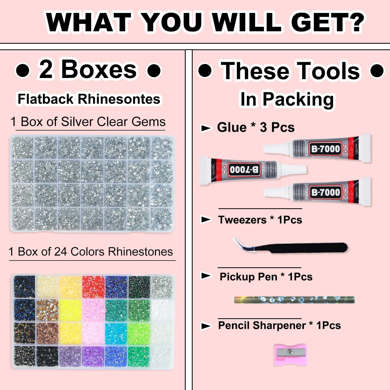 2 Boxes Rhinestones for Bedazzling Kits, Silver Clear 2/3/4/5/6mm & Multicolor 3mm Resin Flatback Gems for Bedazzle Art, Bedazzler Kit with 3Pcs 10ml B7000 Jewelry Glue for DIY Crafting Book Decor