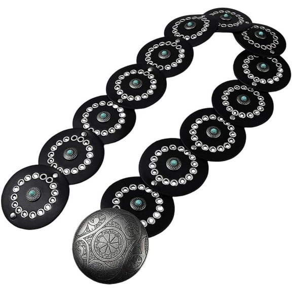 Black Western Pu Leather Belt Wide Vintage Boho Hollow Oval Cowboy Disc Fashion Waist Chain Belts with Alloy Buckles for DIY