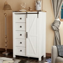 OKD Modern Farmhouse 5-Drawer Dresser with Barn Door, Adjustable Shelf Storage Cabinet for Bedroom Living Room, White