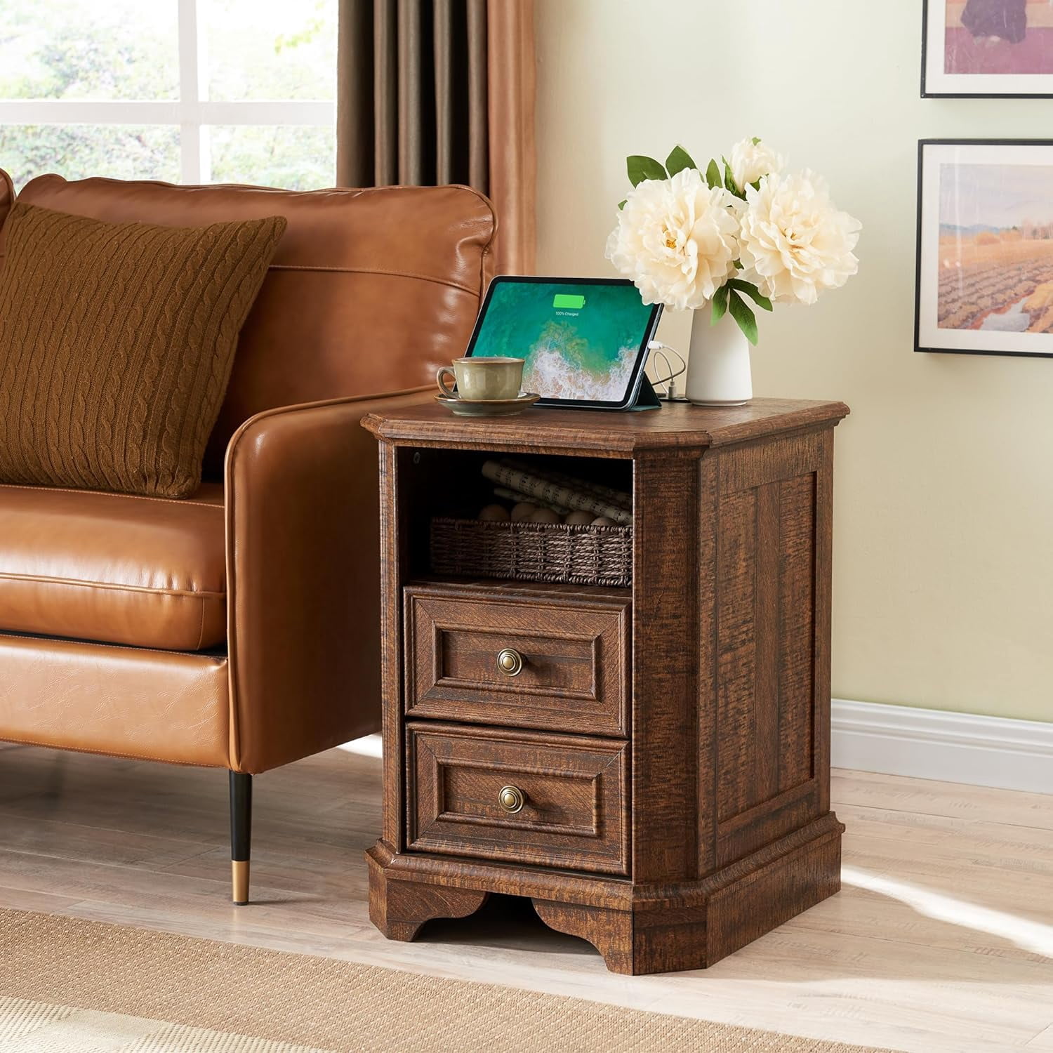 OKD 2-Drawer Nightstand with Charging Station, Farmhouse End Table with USB Ports for Living Room or Guest Room, Reclaimed Barnwood