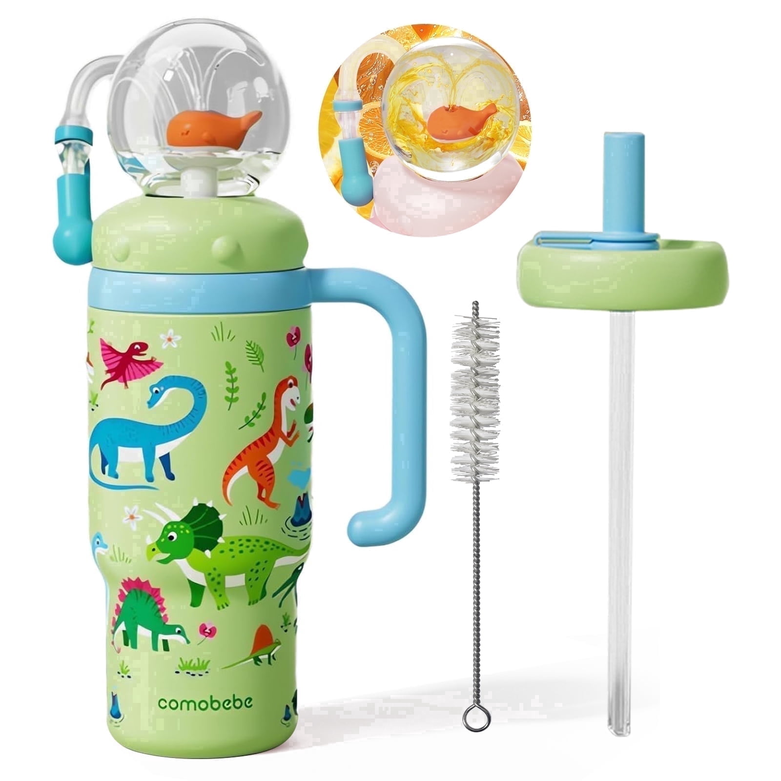 Comobebe 24 oz Insulated Whale Fountain Sippy Cup, 316 Stainless Steel Leak-Proof with 2 Lids, Fits Car Cup Holders, Green Dinosaur for Kids Teens Adults (Green Dinosaur)