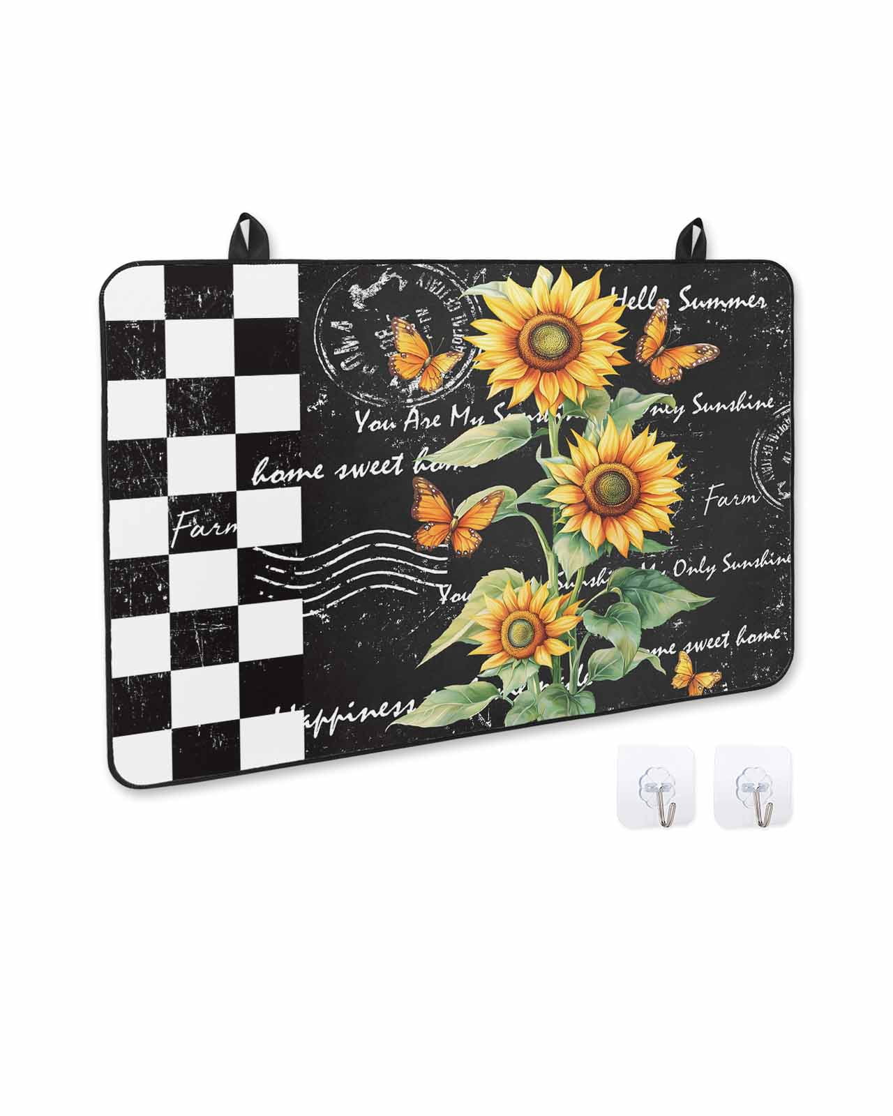 nqOlkjepod Large Induction Cooktop Protector Mat 24"x21", Sunflower Stove Top Covers for Electric Stove, Summer Botanical Bee Black Plaid Decorative Stove Burner Cover Mats, Glass Top Stove Cover