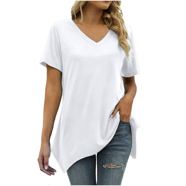 Mujeres sueltas casual manga corta cuello pico sólido casual blusa camiseta túnica tops Fridja bn7786