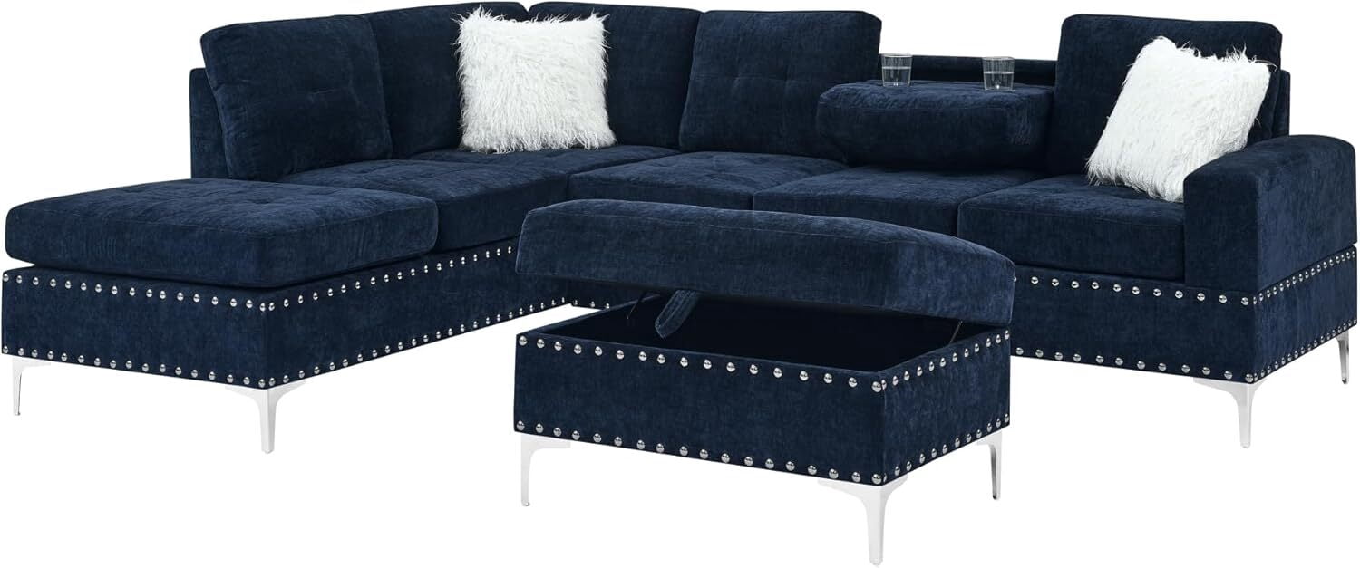 Howcool L Shaped Sectional Sofa, 4 Seater Couch with Chaise Lounge, Storage Ottoman, Cup Holders and Pillows, Modern Linen Fabric Couch for Living Room(Blue)