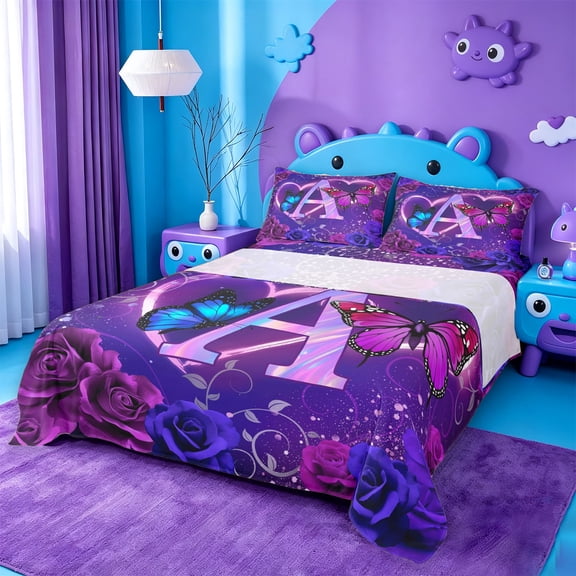 meiyoeat Purple Butterfly Rose Monogram A Bed Sheets,Neon Heart Initial Full Size Sheets For Girl,4 Pieces,1 Flat Sheet,1 Fitted Sheet and 2 Pillowcases