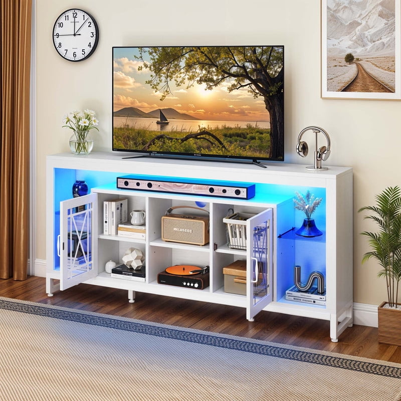Uforic Rustic TV Stand for 70 Inch TV, LED Entertainment Center with Power Outlets, White
