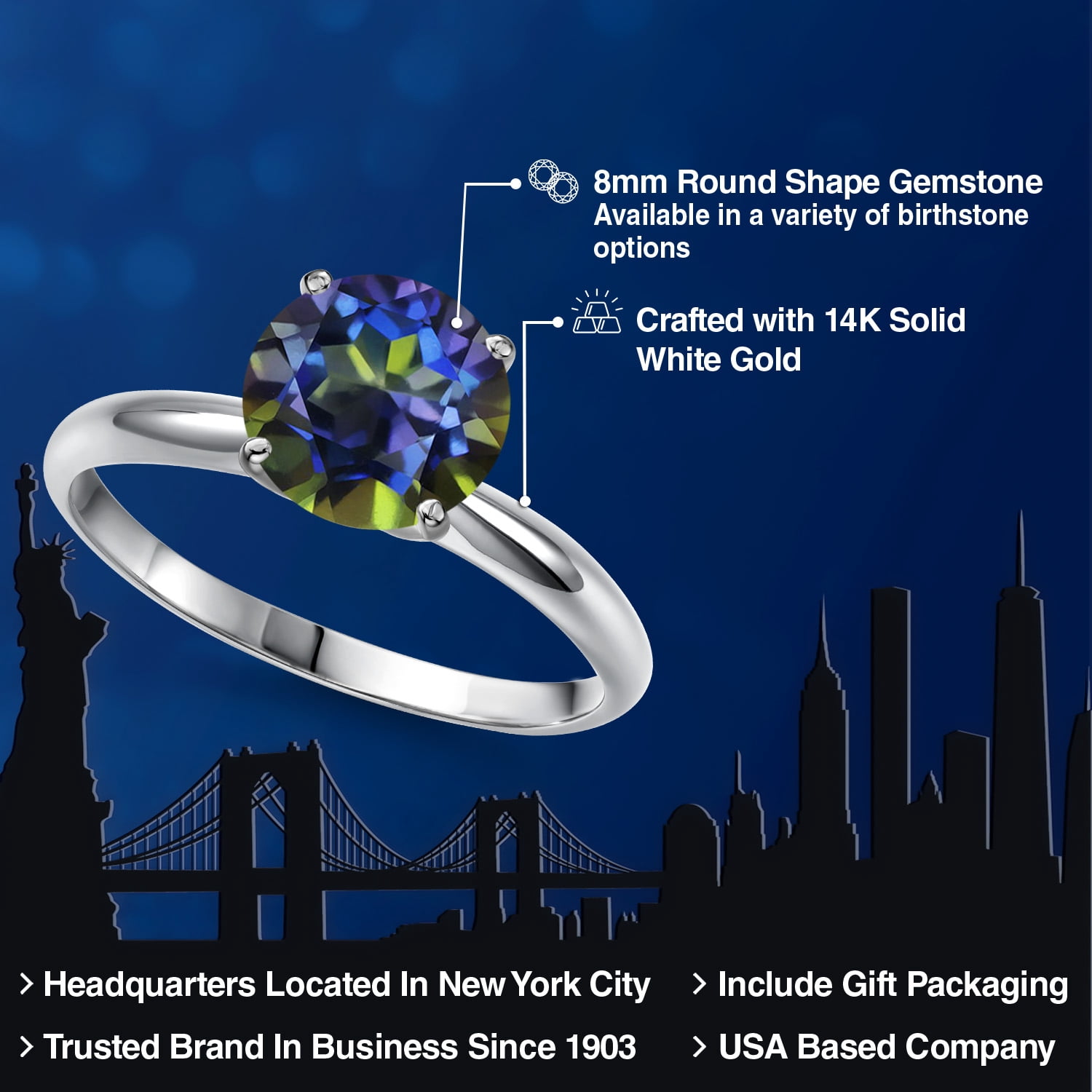 Gem Stone King 14K White Gold Blue Mystic Topaz Solitaire Engagement Ring for Women | 2.00 Cttw | Round 8MM | Gemstone November Birthstone | Size 6