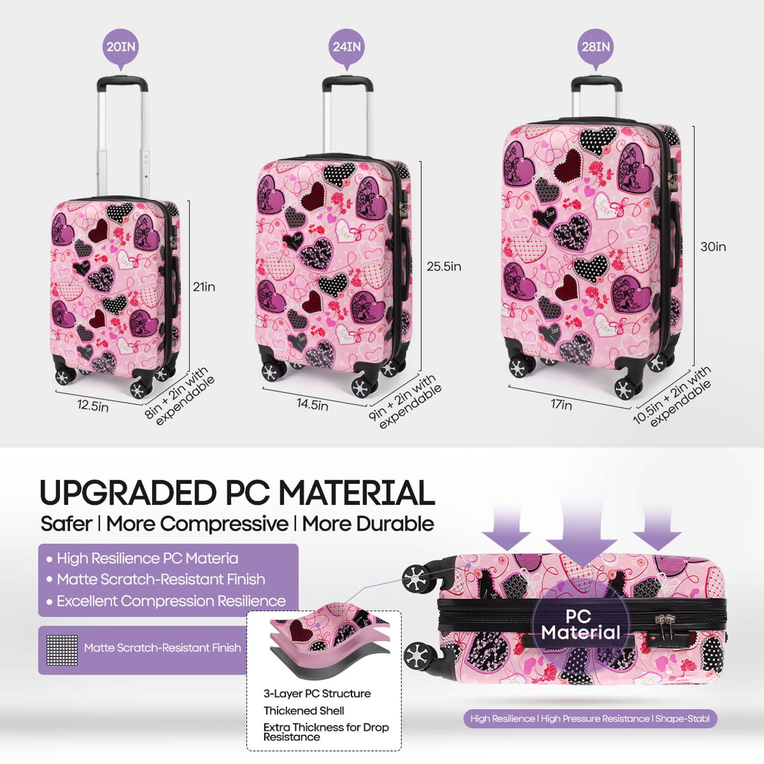 3 Piece Hardside Luggage Set PC Lightweight Expandable Suitcase with Spinner Wheels TSA Lock, 20"/24"/28", Pink, 0028#11