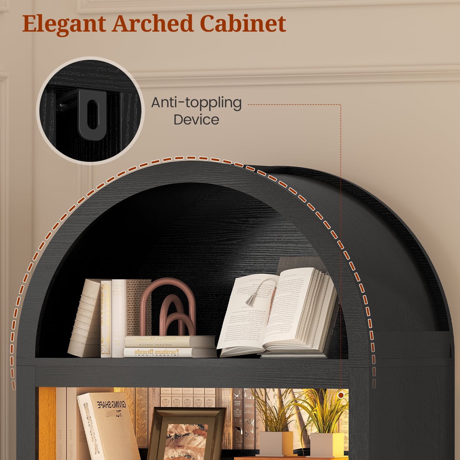 79.4" Tall Arched Cabinet, Modern 7-Tier Bookshelf with RGB Light and Adjustable Shelf for Living Room, Kitchen, Home Office, Black