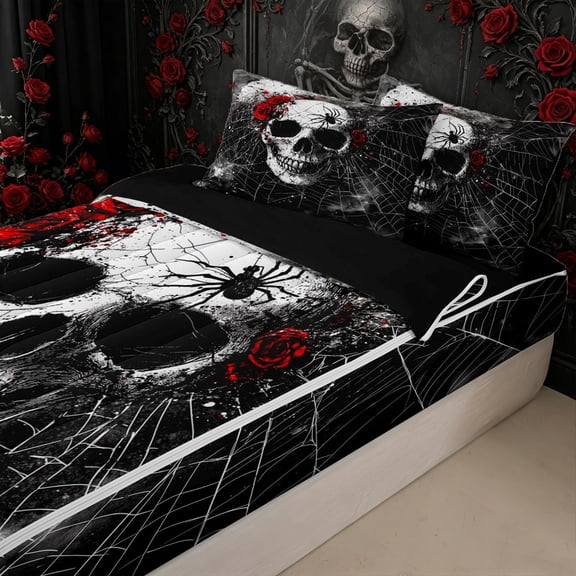 Erosebridal Gothic Rock Skull Zipper Twin Comforter Sets with Fitted Sheet and 2 Pillowcases for Boys Girls, Red Rose Spider Web Zipper Bedding Set, Black Reversible, 4-Piece