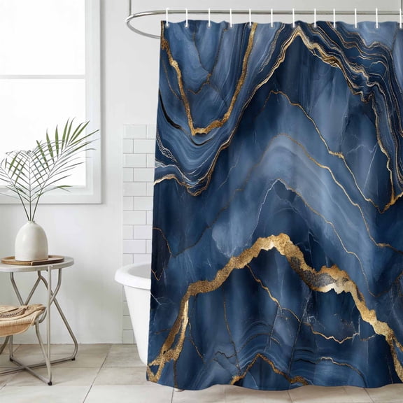 Navy Blue Marble Waterproof Fabric Shower Curtain, Modern Contemporary Art Waterproof Fabric Shower Curtain for Bathroom Curtains Bathtubs Hotel Washable Shower Curtains with 12 Hooks Small 36x72in
