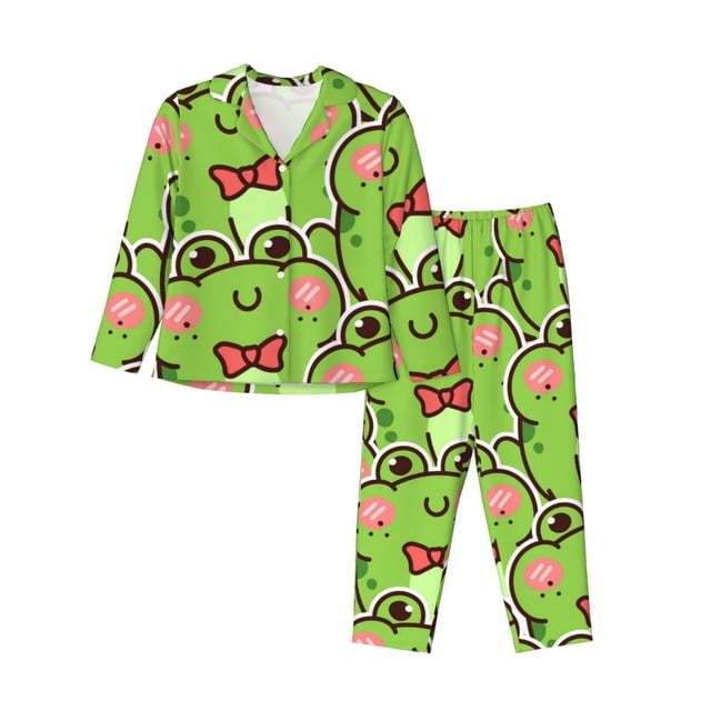 Balery Cute Green Frog Conjunto de Pijama con Estampado para Mujer, Conjunto de Dos Piezas con Manga Larga, Ropa de Dormir Suave con Bolsillos, Pijamas Cómodos-Large