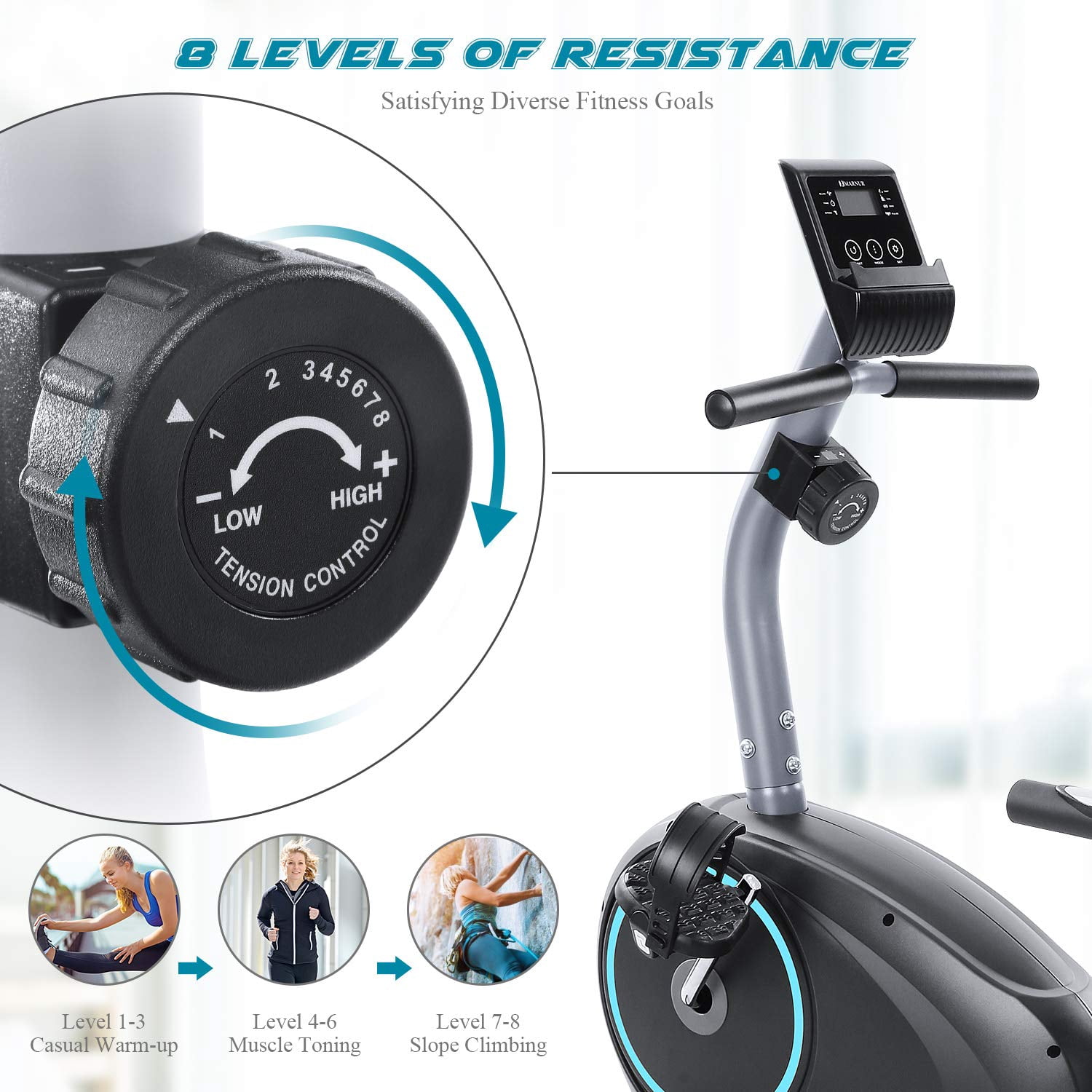 Marnur Recumbent Exercise Bike with 8 