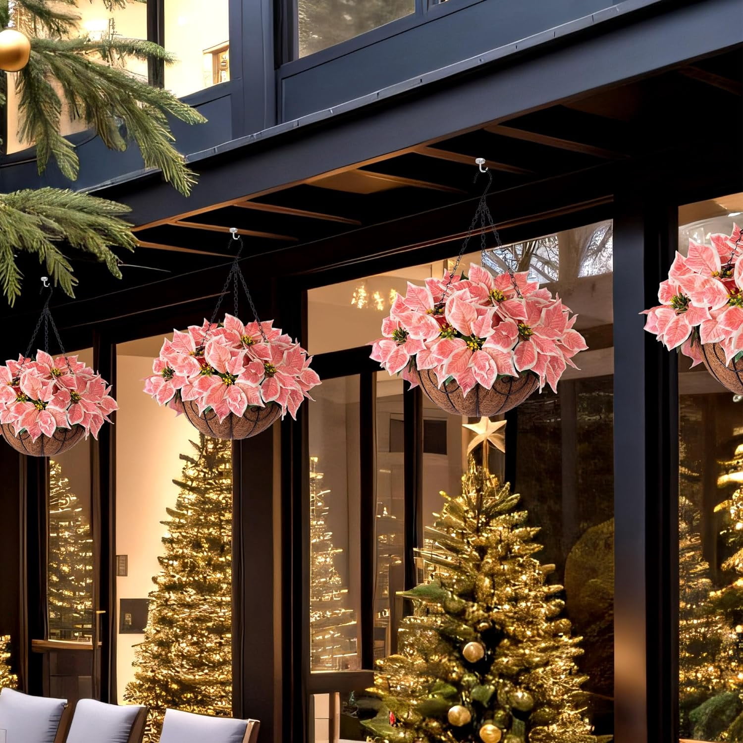 Artificial Christmas Flowers Hanging Basket for Outdoors Indoors Courtyard Decor,Silk Poinsettia Flower with 12 inch Flowerpot,Fake Floral Arrangement Ornaments Xmas Holiday Favor(Salmon)
