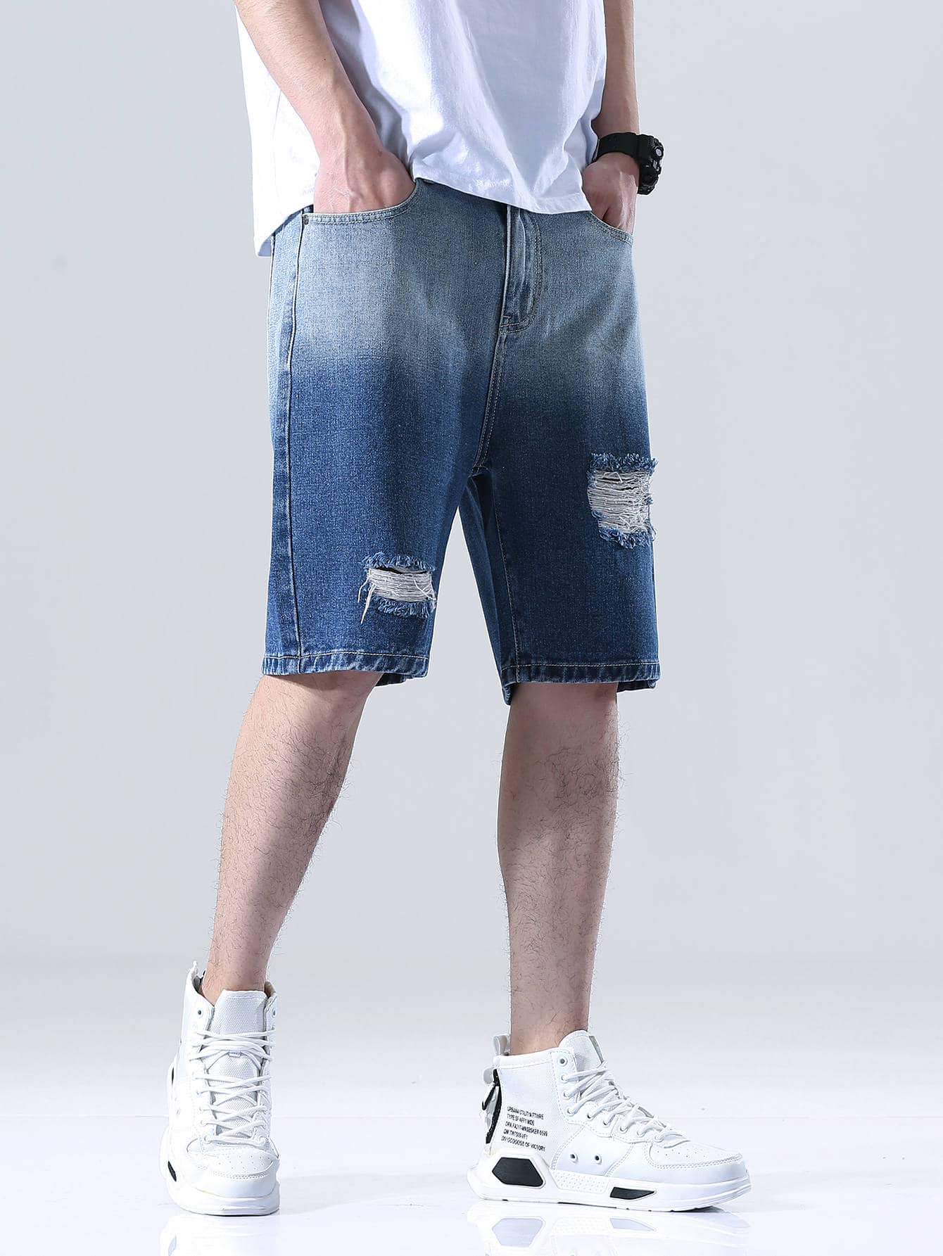 Men Ombre Ripped Denim Shorts 2022 