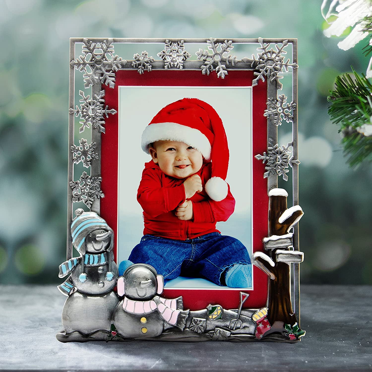 Neil Enterprises Inc. Pewter Winter Snowman Christmas Décor 4x6 or 5x7 Tabletop Picture Frame