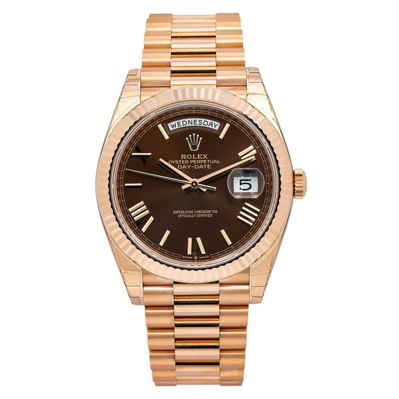 Pre-Owned Rolex Day-Date 40MM 228235 Chocolate Roman Dial Fluted Bezel 18K Rose Gold President Bracelet