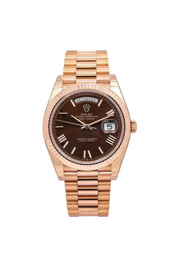 Pre-Owned Rolex Day-Date 40MM 228235 Chocolate Roman Dial Fluted Bezel 18K Rose Gold President Bracelet