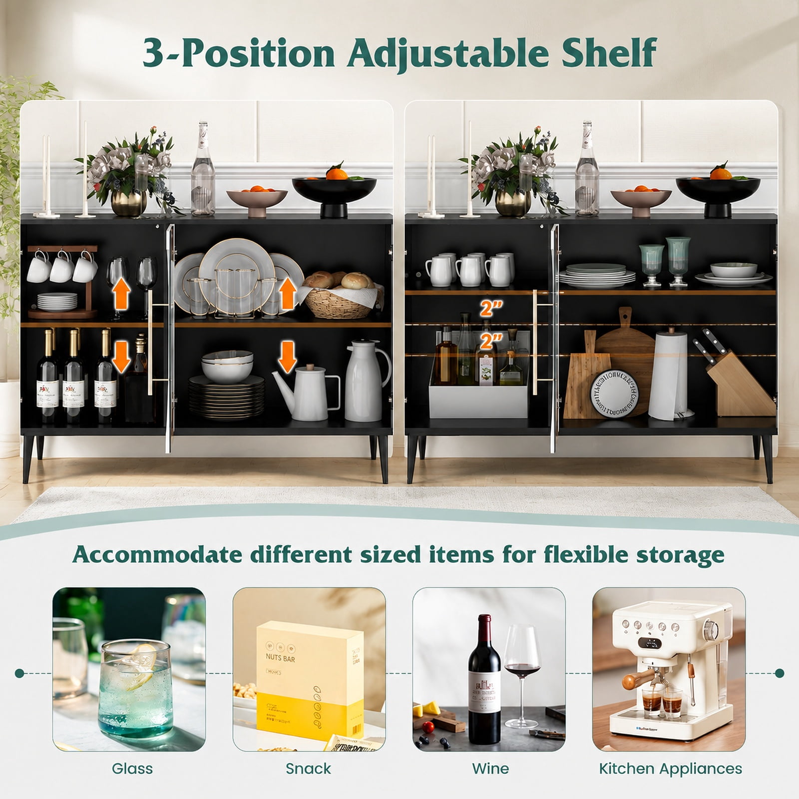 Furnibear Sideboard Cabinet with Tempered Glass Door for Living Room Dining Room Kitchen for Kitchen Dining Living Room Buffet Storage Server, White