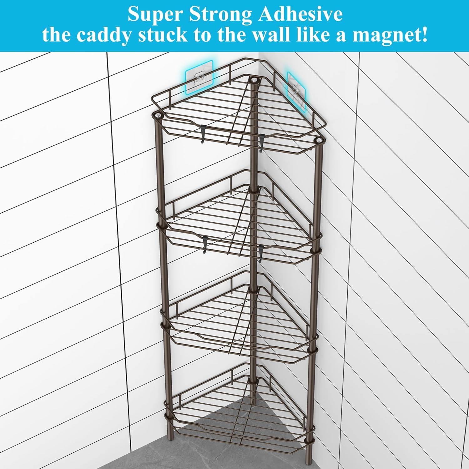 Floor Standing Corner Shower Caddy Organizer Shelf with Hooks, Bathroom Shelves Stand Rack