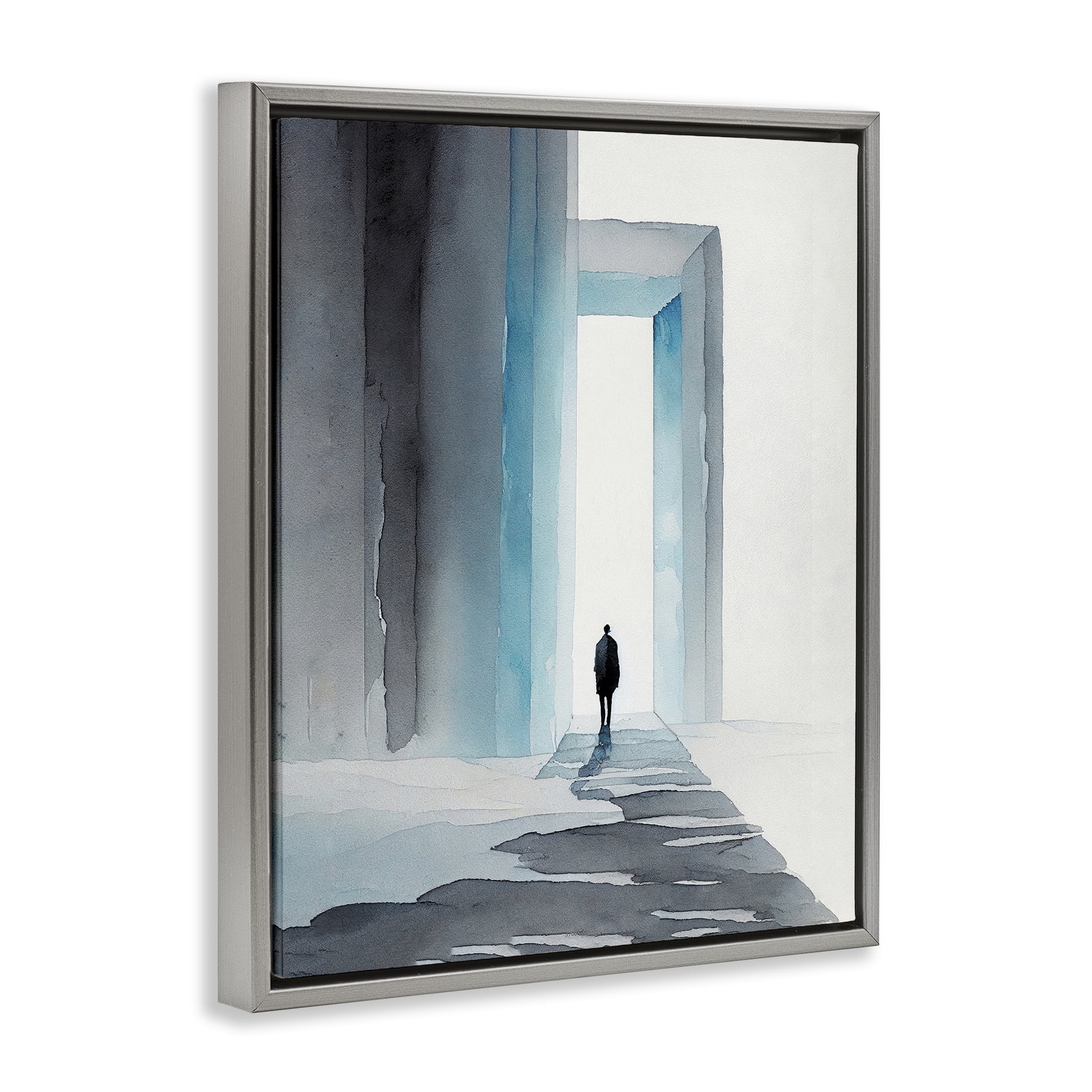 Stupell Industries Person with Snowy Doorway Landscape Painting Gray Floater Framed Canvas Art Print Wall Art, 17 x 21