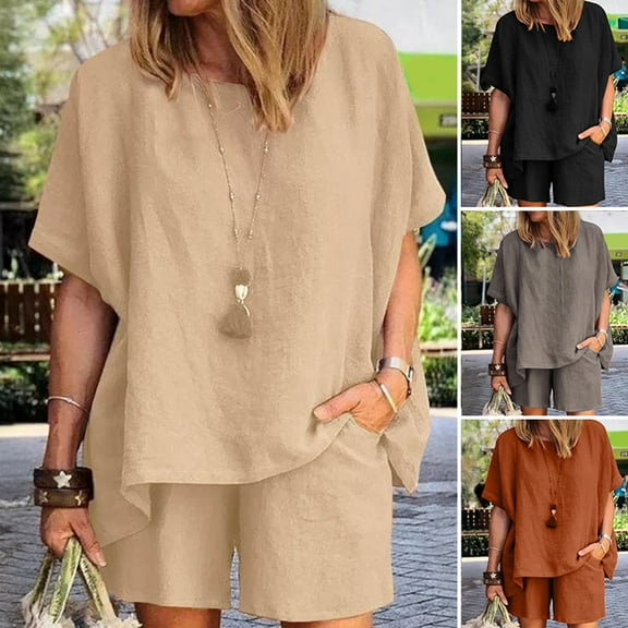 tasrioml Women's Cotton Linen 2-Piece Outfit Short Sleeve Crewneck Pullover Top And Shorts Set with Pockets Summer Casual Loungewear Tracksuit